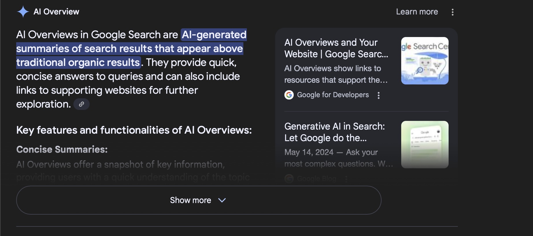 ai-overviews Screenshot showing the AI-Overview section of the Google Search Engagine Results Page or SERP.