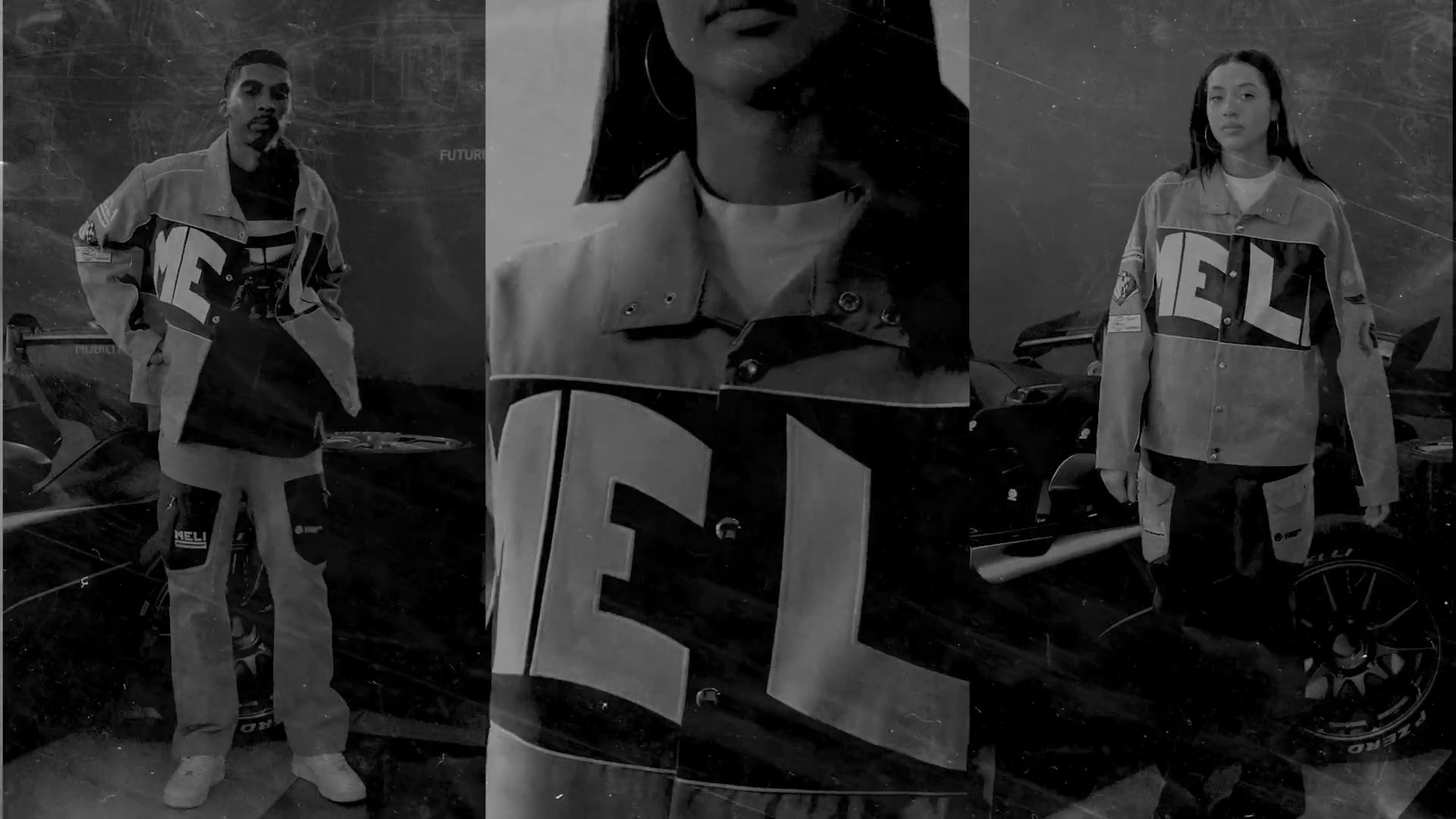Screen split into three vertical areas with models in each wearing a MELI streetwear jacket.